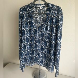 DEREK LAM 10 CROSBY INTERMIX Women's V-Neck SILK PAISLEY TIE SLEEVE Shirt Blue 4